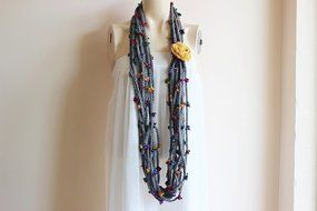 Charcoal Gray Infinity Scarf -Grey Crochet Necklace-Chain crochet scarf with Mustard Flower Pin N4