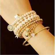 Fashion Jewelry Womens Unique Gold Metal Pearl Multilayer Pendant Bracelet N5