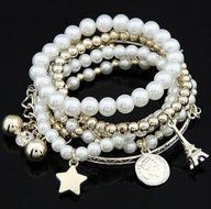 Fashion Jewelry Womens Unique Gold Metal Pearl Multilayer Pendant Bracelet N6