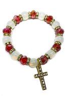 Gold Glass Beads Stretchable Bracelet Red Crystals &amp; Zircons Cross Jerusalem N3