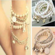 Fashion Jewelry Womens Unique Gold Metal Pearl Multilayer Pendant Bracelet N8