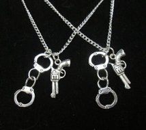 Set of 2 Handcuffs Handgun necklaces, partners in crime best friends, sisters, family fun necklaces