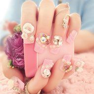 Spritech(TM) 24 Pre Design Elegant Flower Bling Rhinestone Fake Nail Piece for Bride Salon Laday Daily Use