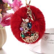 AutumnFall&reg; Rabbit Fur Ball Rhinestone Keychain Bag Plush Key Ring Car Key Pendant (Red) N5