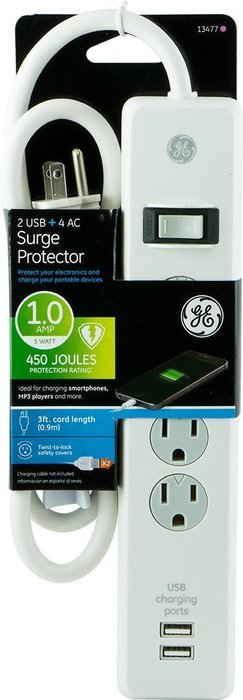 GE 13476 Surge Protector, 10 Outlets, 3000J, 2 USB Ports (2.1A), 6' Cord N2