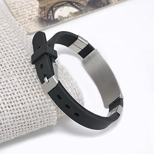 Men's Black Punk Rubber Stainless Steel Wristband Clasp Cuff Bangle