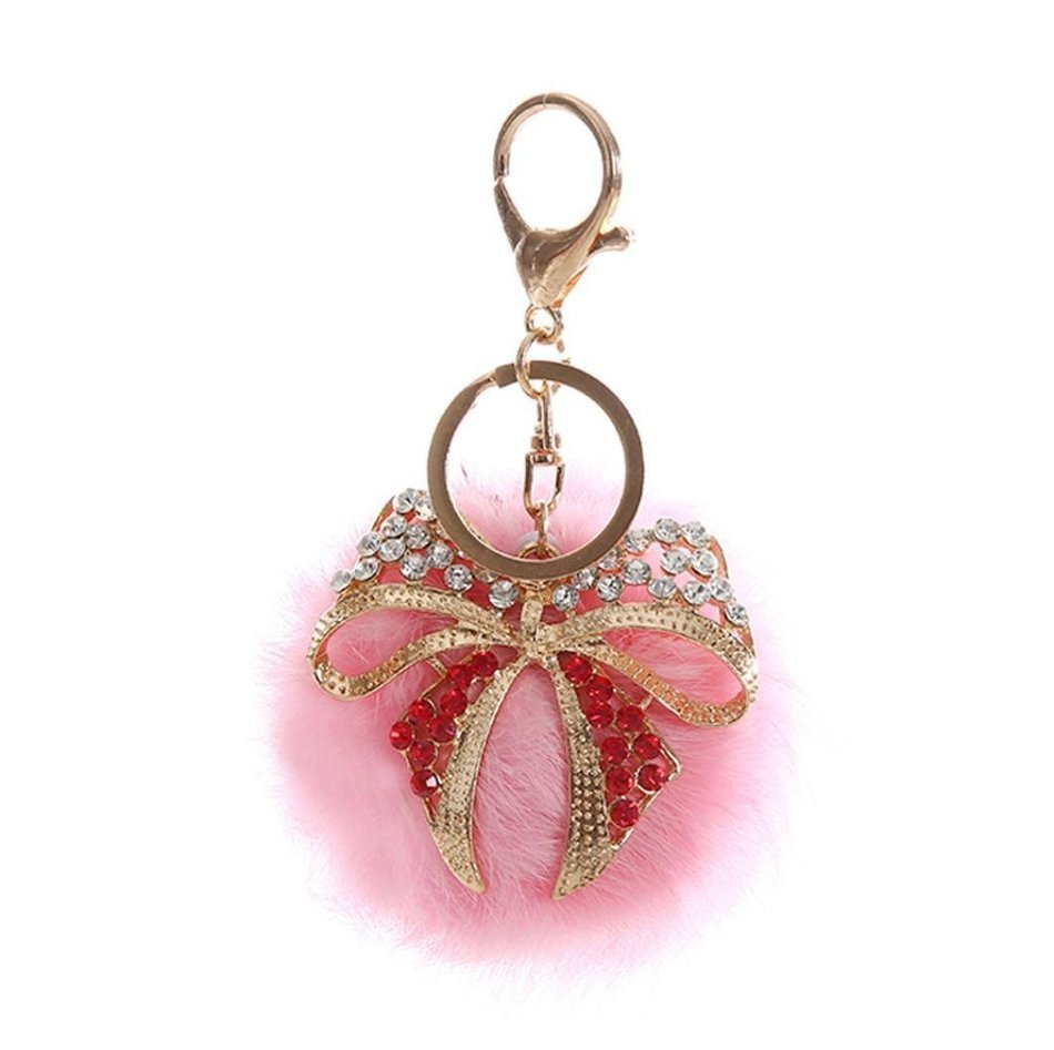 AutumnFall Rabbit Fur Ball Bow Rhinestone Keychain Bag Plush Key Ring Car Key Pendant (Gray) N7