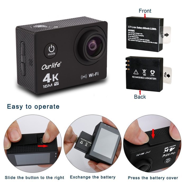 Ourlife 4K WIFI Sports Action Camera Ultra HD 170&deg; HD Wide-angle Fish-eye Lens 2 inch LCD Screen[Black]