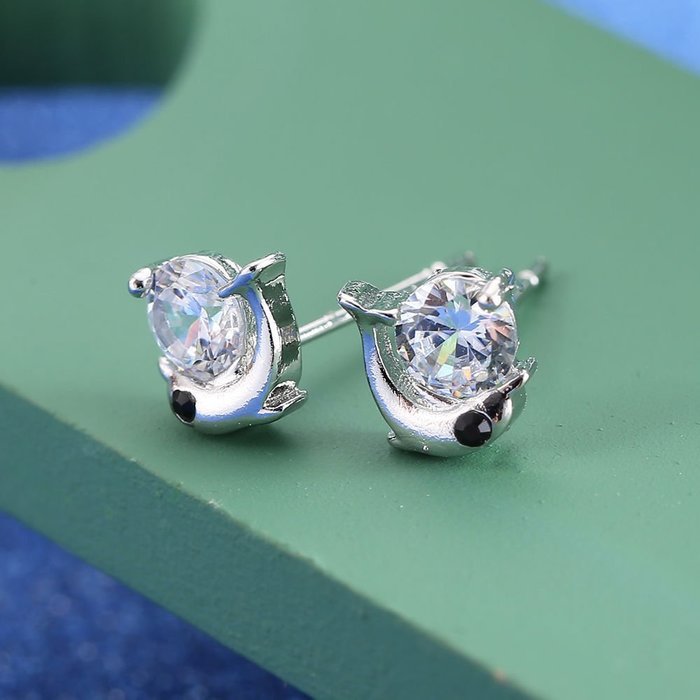 Plated silver Zircon Crystal Dolphin Ear Stud Earrings GF Birthday Gifts elegant