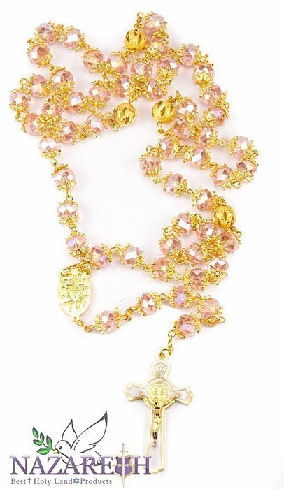 High Quality St. Benedict Gold Plated with Light Pink Crystal Miraculous Rosary