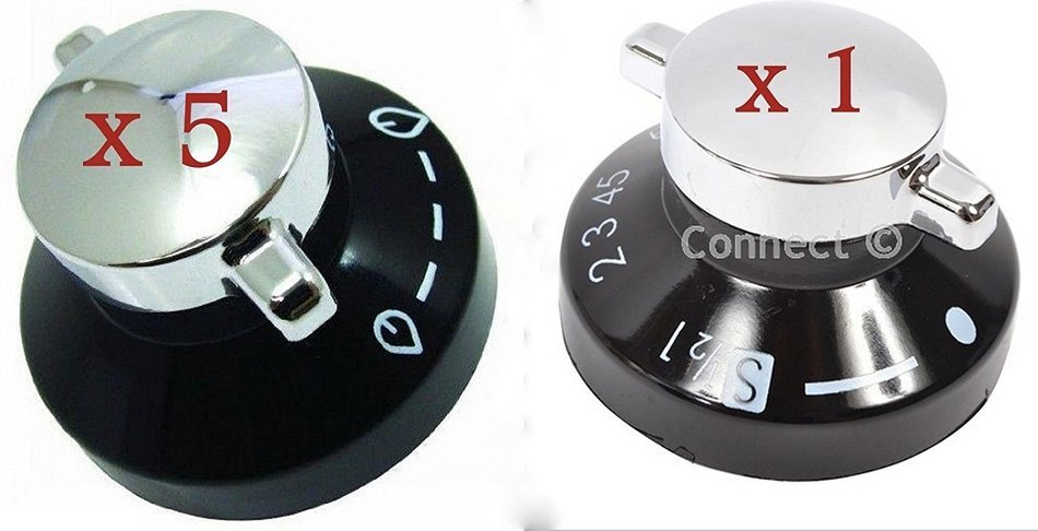 bartyspares Six Genuine Stoves Oven Gas Control Knob Hob Cooker Switch Silver Black Chrome 5 X 081880326 & 1 X...