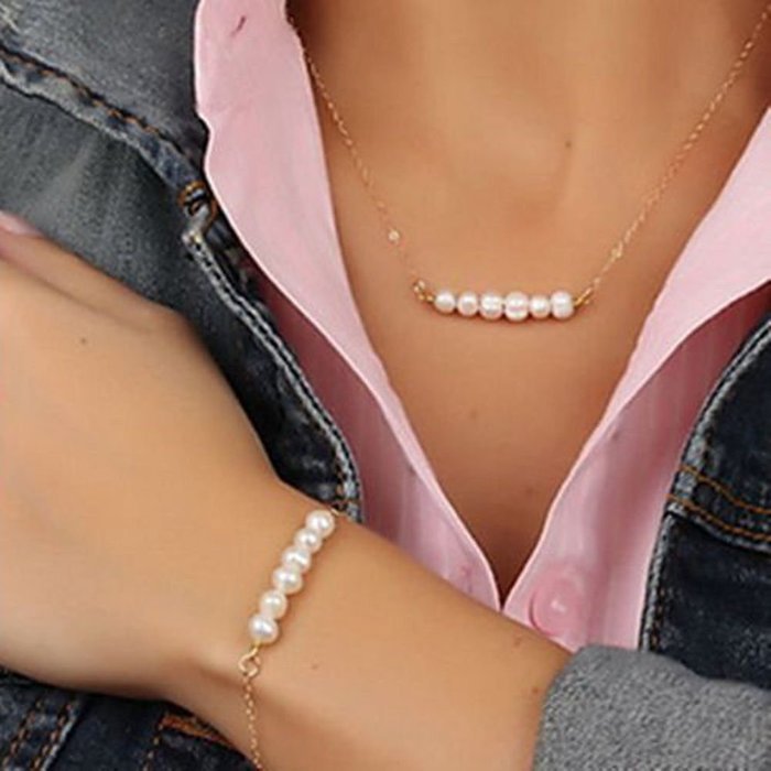 Women Pearl Pendant Gold Chain Choker Chunky Statement Bib Necklace + Bracelet