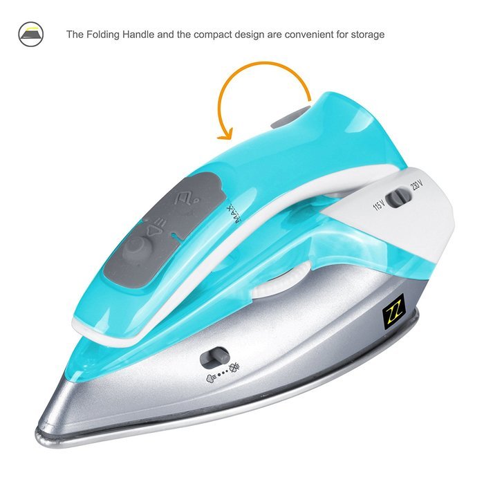 ZZ TI962-G Dual Voltage Travel Steam Iron with Stainless Steel Soleplate 1000 Watt, Blue