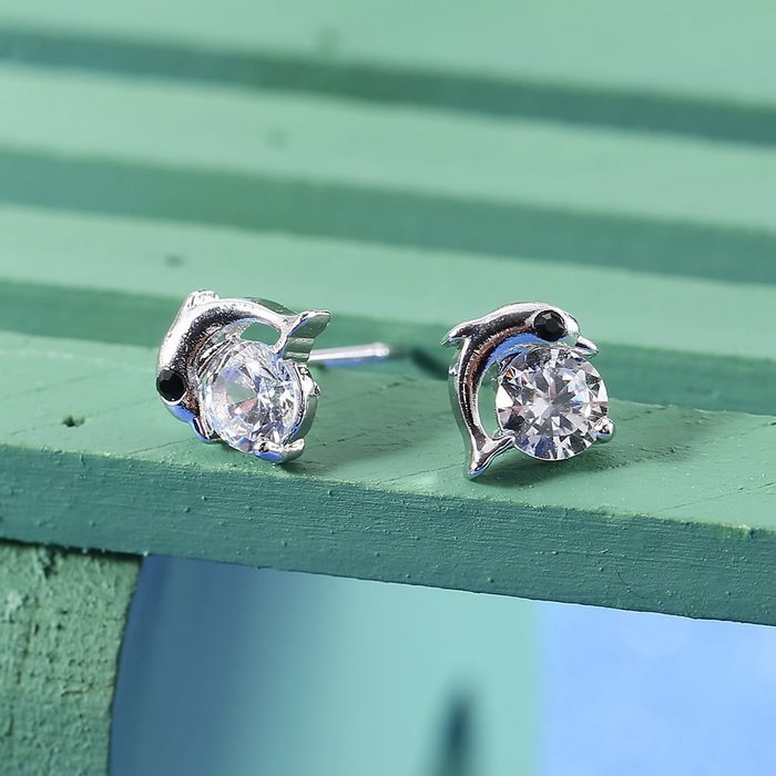 Plated silver Zircon Crystal Dolphin Ear Stud Earrings GF Birthday Gifts elegant N3