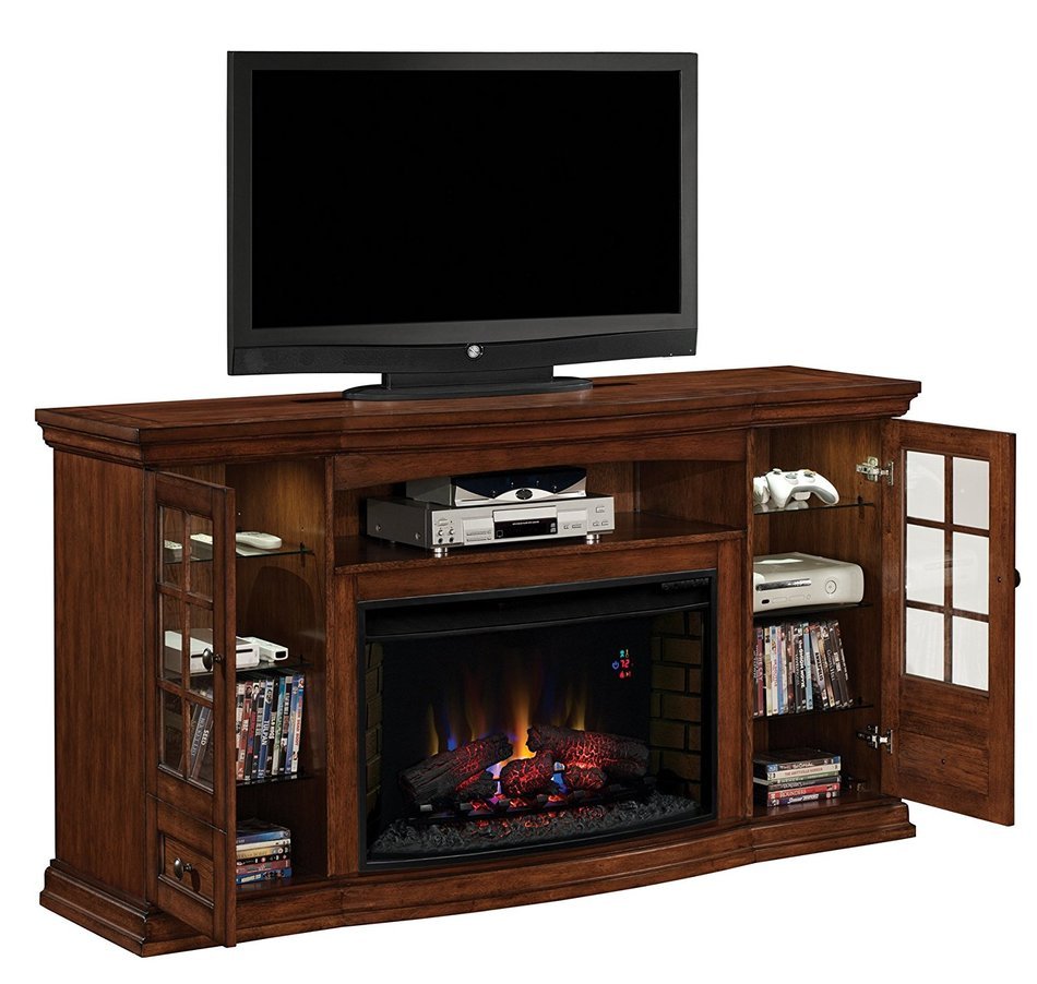 ClassicFlame 32MM4486-P239 Seagate TV Stand for TVs up to 80", Pecan (Electric Fireplace Insert sold separately) N3