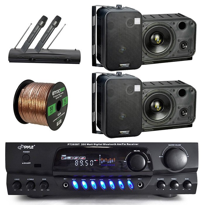 Pyle PT265BT Bluetooth 200 Watt Digital Karakoe Receiver Amplifier Bundle Combo With 4x 6.5'' Inch 2-Way Wall...
