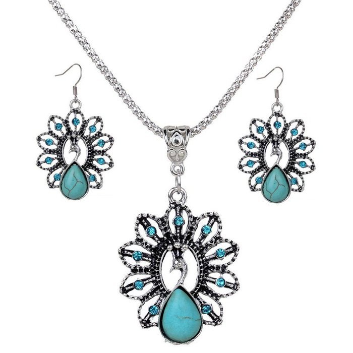 MENGDA Jewelry Peacock Turquoises Pendant Earrings Necklace Set for Womens Girls N2