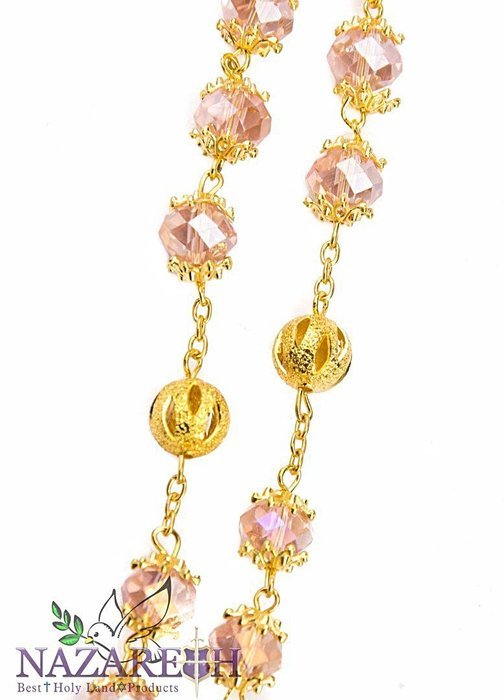 High Quality St. Benedict Gold Plated with Light Pink Crystal Miraculous Rosary N2