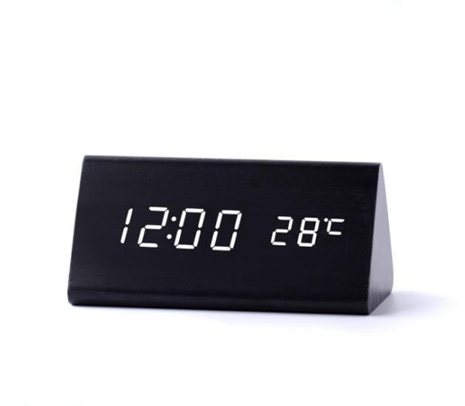 Digital Wood Clock Sound Activated LED Alarm Clock Multi-function Display with Temperature and Humidity (Black-white) N5