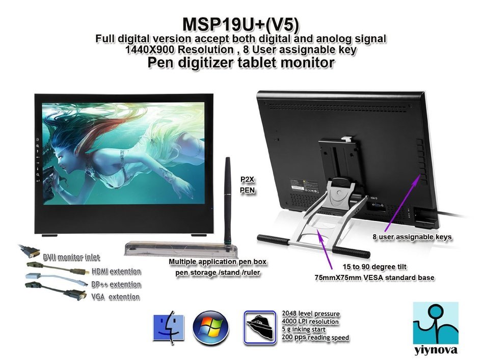 Yiynova MSP19U+V5 Tablet Monitor, 2 Pen Kits, DVII Input, Analog/Digital Dual Engine (Mac...