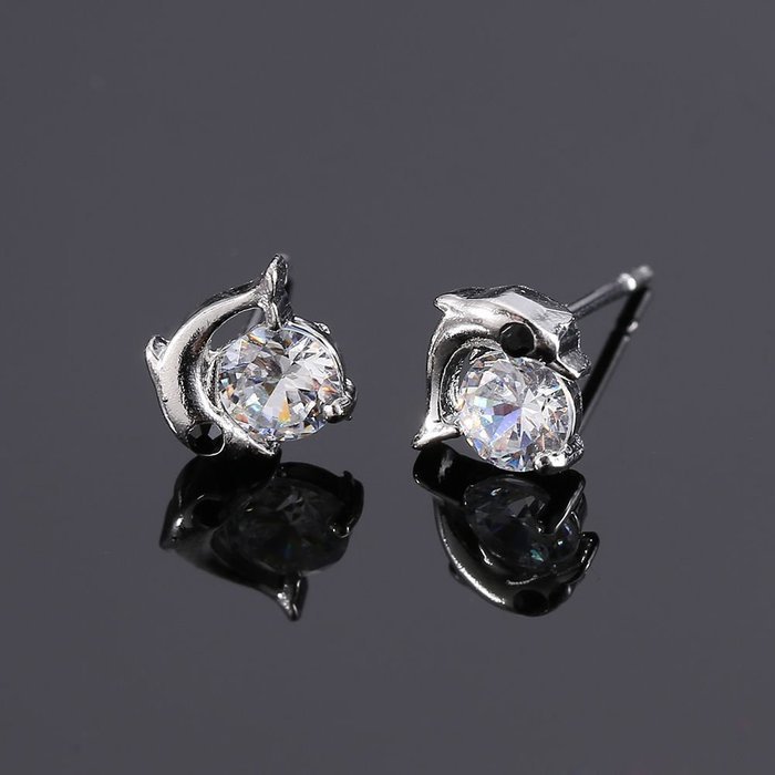 Plated silver Zircon Crystal Dolphin Ear Stud Earrings GF Birthday Gifts elegant N4