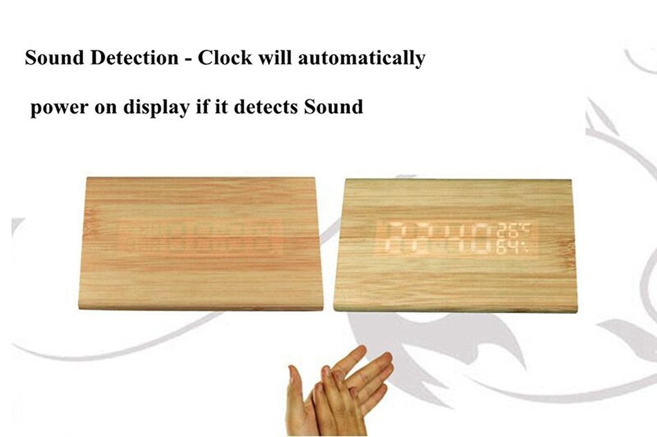Digital Wood Clock Sound Activated LED Alarm Clock Multi-function Display with Temperature and Humidity (Black-white) N7