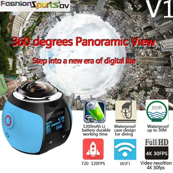 niceEshop(TM) 4K 360 Degree Wifi Panoramic Camera Ultra HD 2448x2448 Mini Sport Action Driving VR Camera, Blue