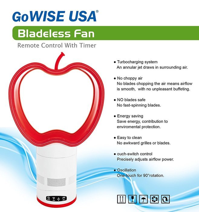 GoWISE USA GW21106 Bladeless Apple Fan with Remote Control & Timer Red N5
