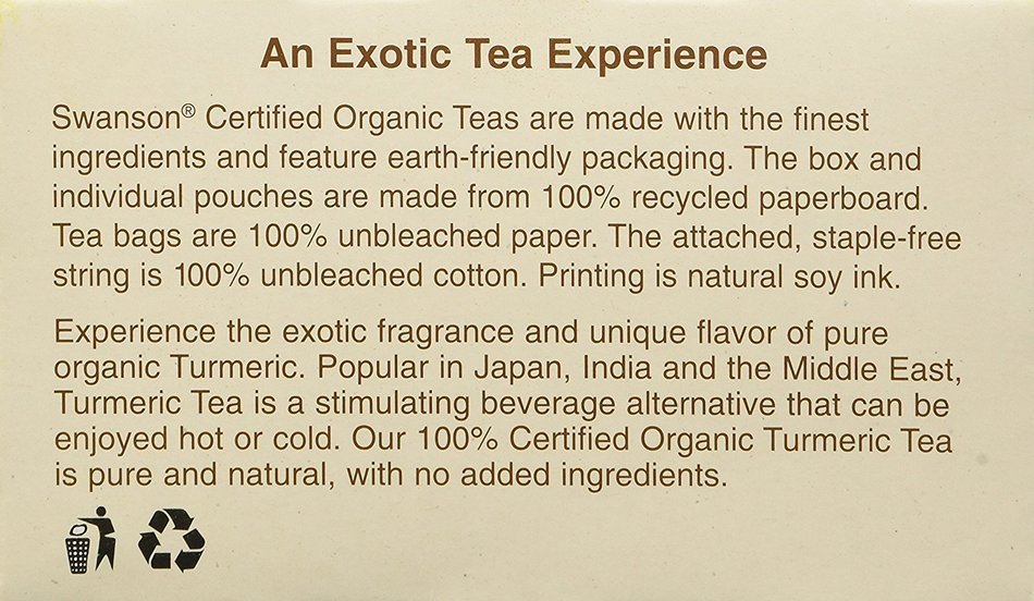 Swanson 100% Certified Organic Turmeric Tea -- 20 Bags (Three Boxes each of 20 Tea Bags) N7
