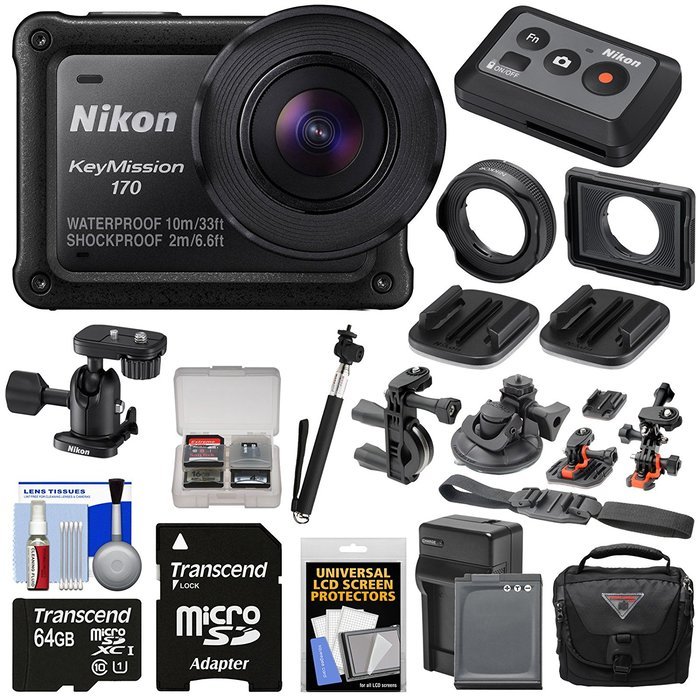 Nikon KeyMission 170 Wi-Fi Shock & Waterproof 4K Video Action Camera Camcorder + Remote + Action Mounts + 64GB...