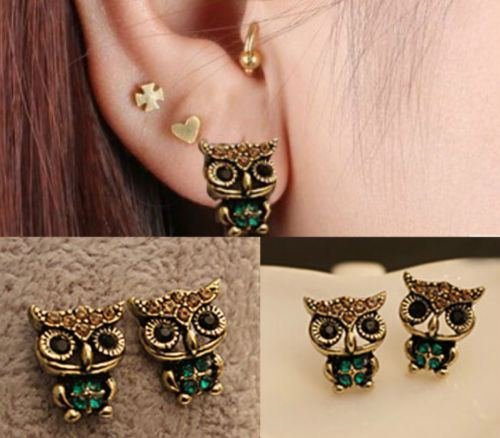 Owl Cute Jewelry Lady Fashion Style Rhinestone Vintage Ear Stud Earrings N2