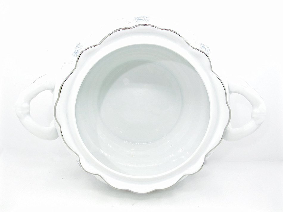 Bavaria Casserole Bowl with Lid,white,blue Flowers,silver Trim,side Handles N2
