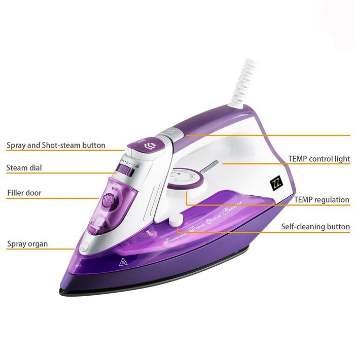 ZZ ES391-P 1500 Watt Steam Iron with Stainless Steel Soleplate and Detachable Water Tank, Purple N4