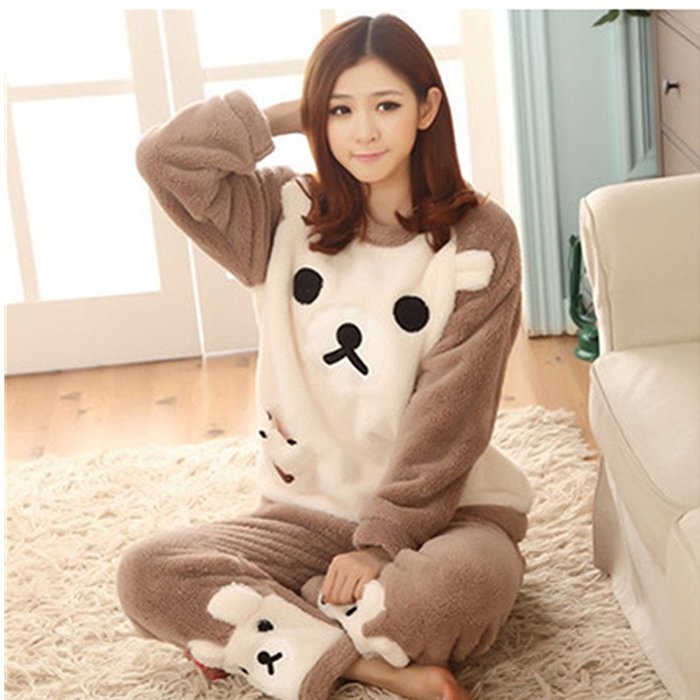 KAKA(TM) Womens Girls' Warm Lovely Winter Home Soft Cartoon Flannel Pajamas Sets Pink Flower XL N6