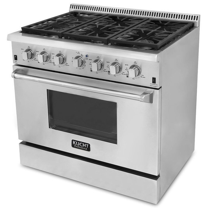 Kucht KRG3618U 36" Professional-Class Gas Range Convection Oven, 6 Top Burners, Blue Porcelain Interior in Stainless...