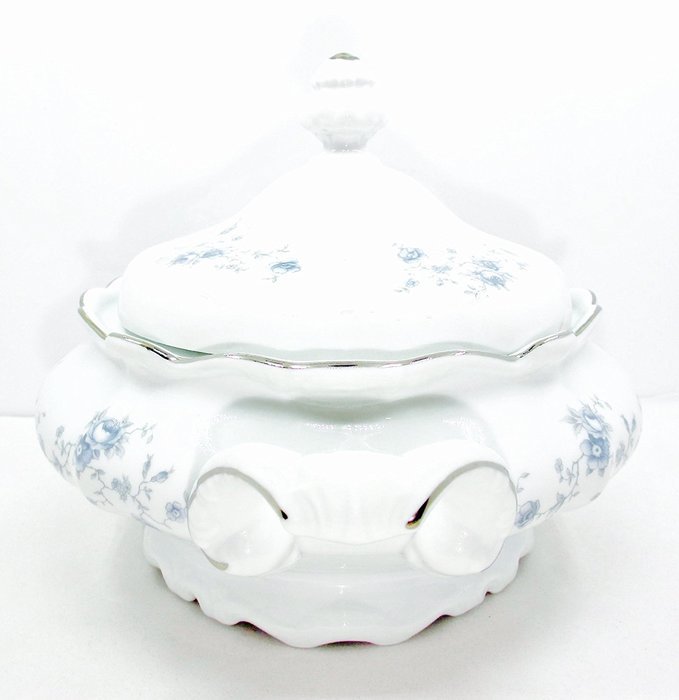 Bavaria Casserole Bowl with Lid,white,blue Flowers,silver Trim,side Handles N3