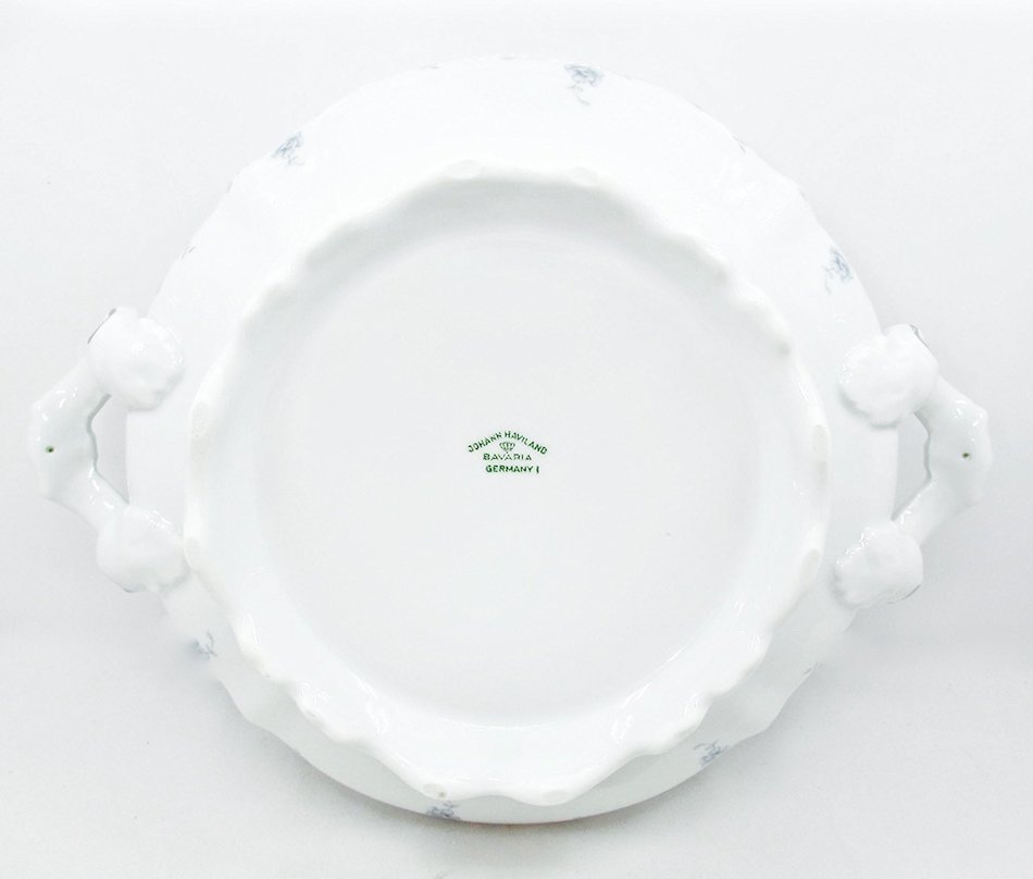 Bavaria Casserole Bowl with Lid,white,blue Flowers,silver Trim,side Handles N4