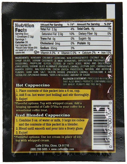 Caffe D'Vita Mocha Cappuccino Sugar Free, 7.5-Gram Single Serve Envelopes (Pack of 24) N6