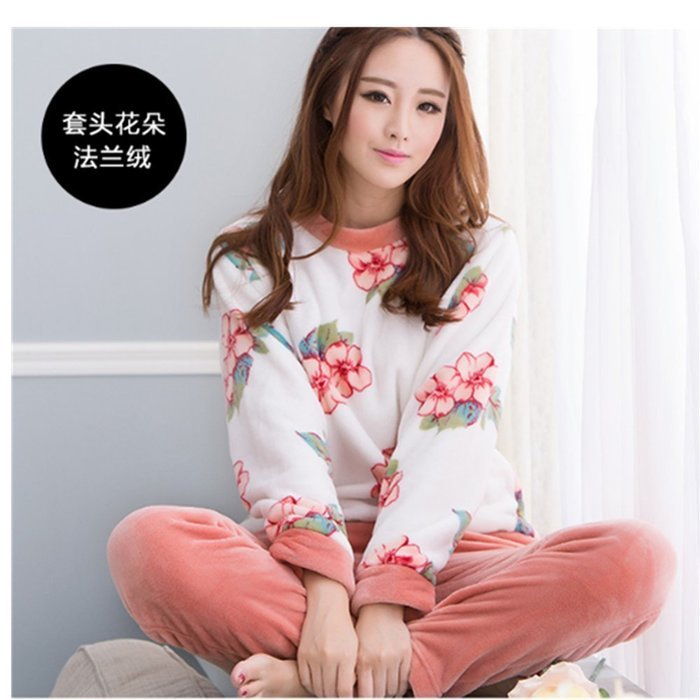 KAKA(TM) Womens Girls' Warm Lovely Winter Home Soft Cartoon Flannel Pajamas Sets Pink Flower XL N9