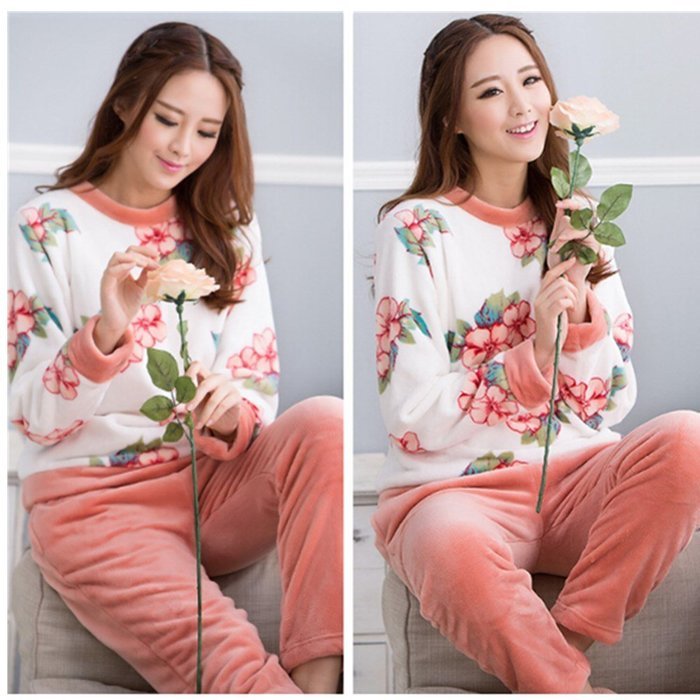KAKA(TM) Womens Girls' Warm Lovely Winter Home Soft Cartoon Flannel Pajamas Sets Pink Flower XL N10