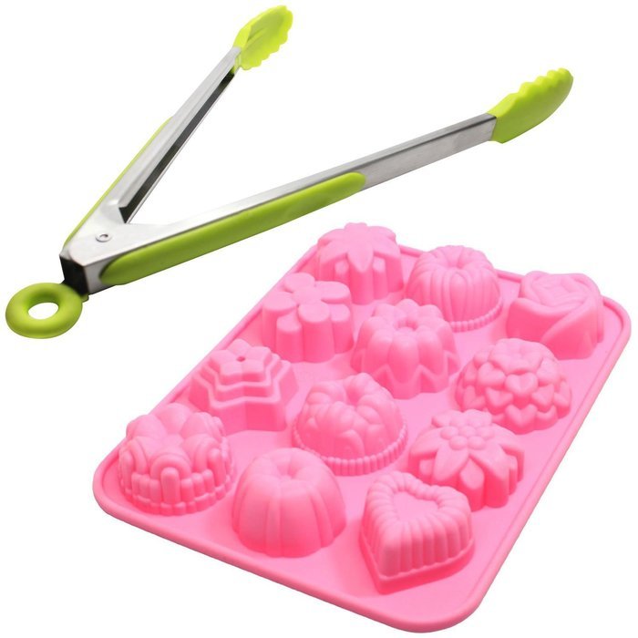 Food Grade Silicone Bakeware Set - Silicone Cupcake Molds & Tongs With Silicone Tips - 12 Cavity Bakeware Molds...