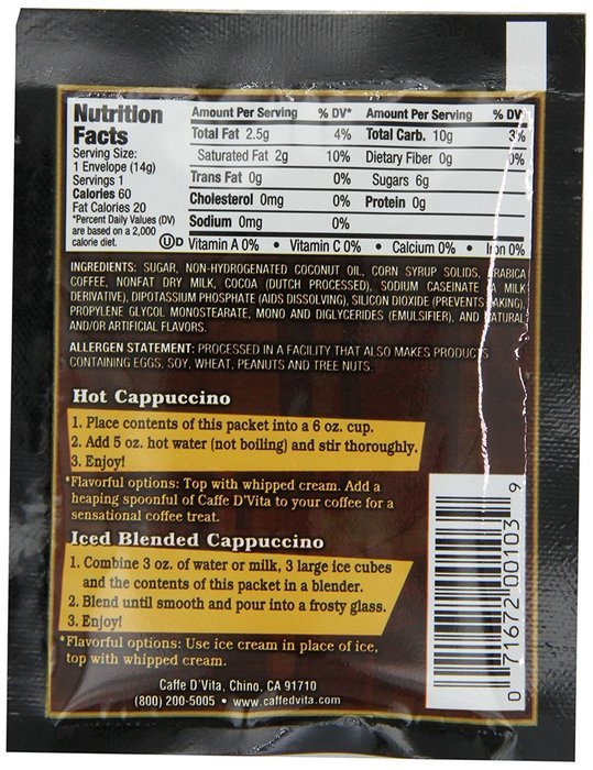 Caffe D'Vita Mocha Cappuccino Sugar Free, 7.5-Gram Single Serve Envelopes (Pack of 24) N20