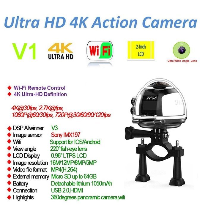 niceEshop(TM) 4K 360 Degree Wifi Panoramic Camera Ultra HD 2448x2448 Mini Sport Action Driving VR Camera, Blue N5