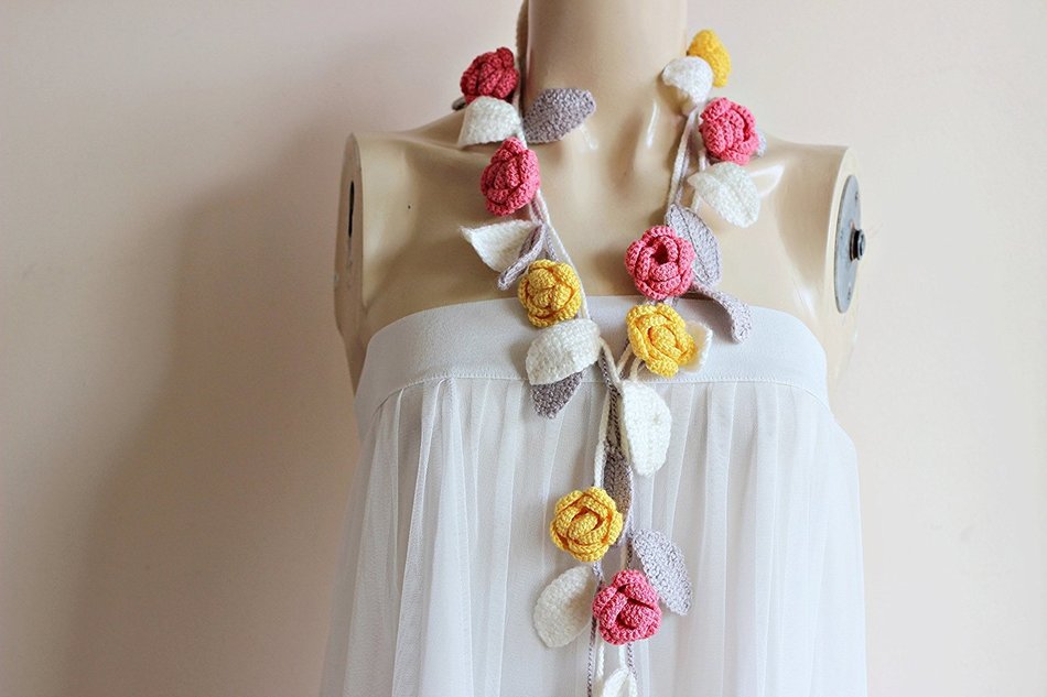 Rose Scarf- Rose Crochet Scarf-Rose Scarf-Necklace Lariat Scarf- Pink,Canary,Ivory,Taupe Scarf- Christmas Gift...