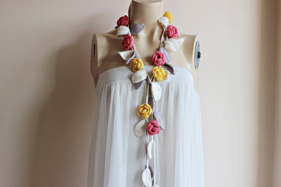 Rose Scarf- Rose Crochet Scarf-Rose Scarf-Necklace Lariat Scarf- Pink,Canary,Ivory,Taupe Scarf- Christmas Gift... N3