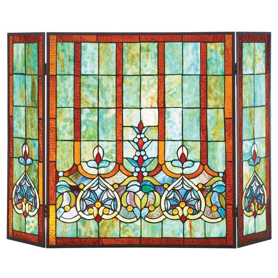Stained Glass Hearts Decorative Three Panel Fireplace Screen