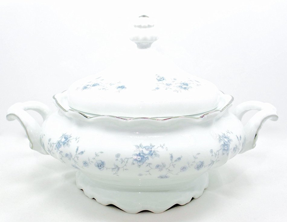 Bavaria Casserole Bowl with Lid,white,blue Flowers,silver Trim,side Handles N5