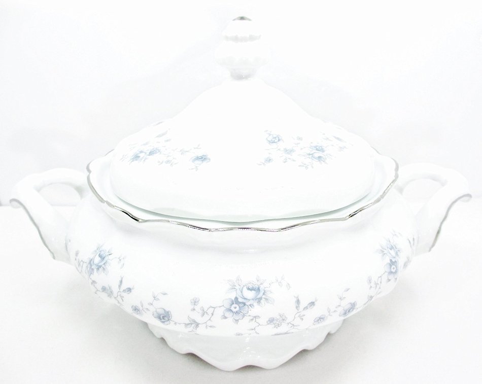 Bavaria Casserole Bowl with Lid,white,blue Flowers,silver Trim,side Handles N6
