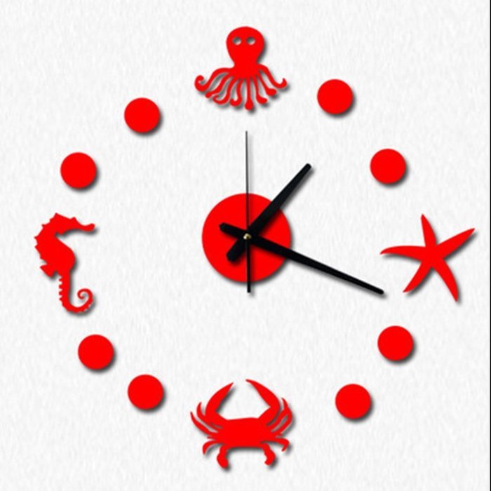 MuLuo DIY Mediterranean Starfish Hippocampus Wall Clock 3D Wall Stickers Watches Home Decor red