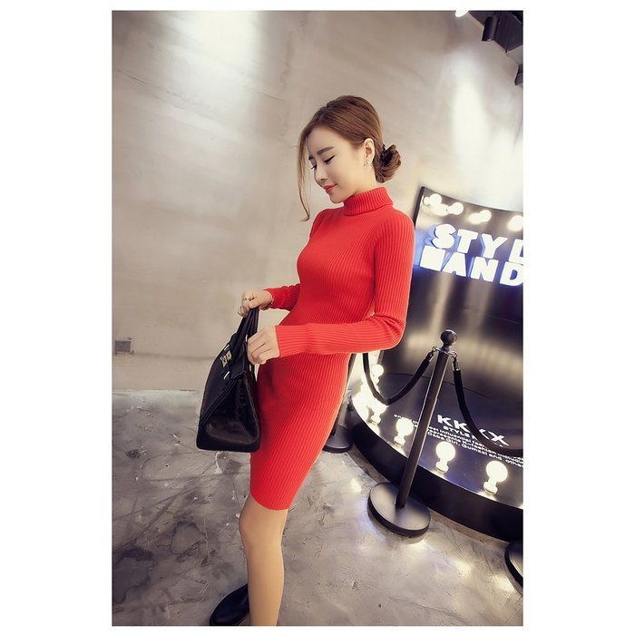 Spritech(TM) Fashion Women Basic Slim Turtleneck Knit Stretchable Long Sleeve Slim Fit Sweater Dress Red N8
